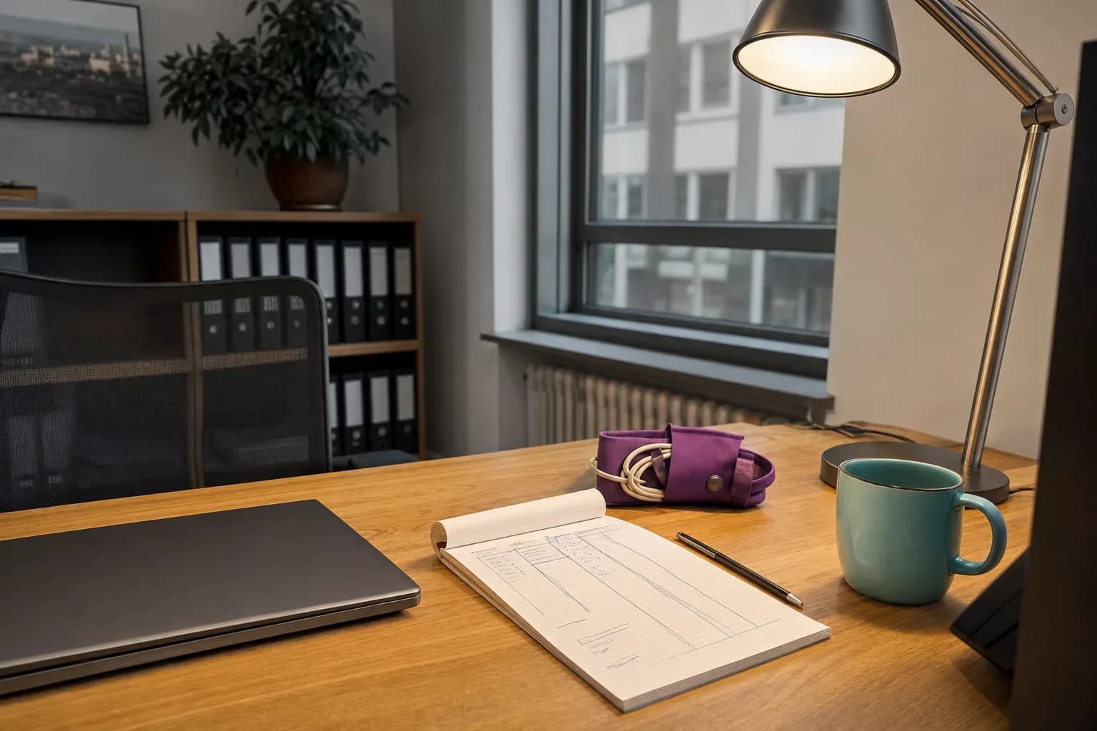 Aufgeräumter Büroschreibtisch mit Notizblock, zugeklapptem Laptop, Kaffeetasse und Schreibtischlampe