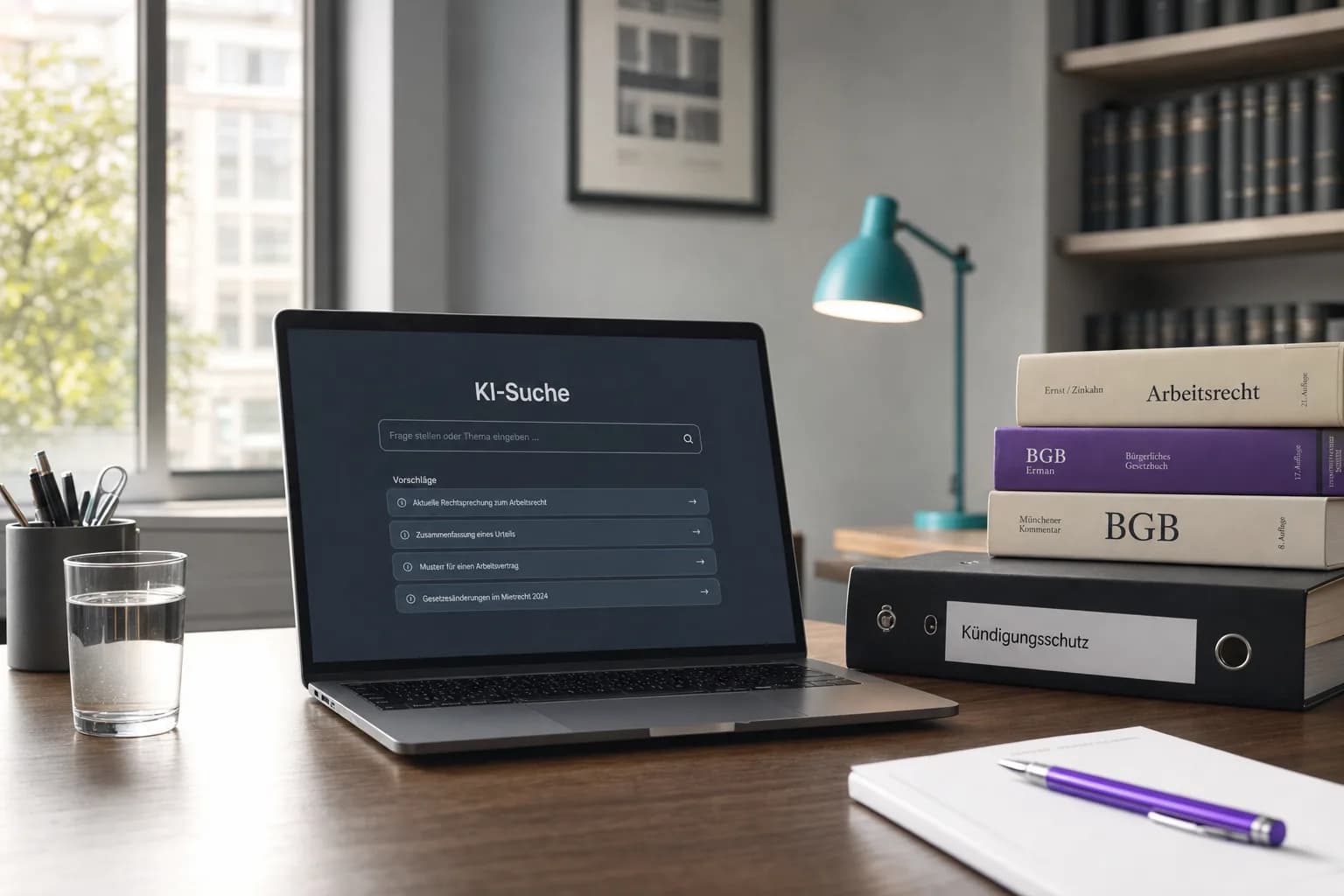Laptop mit geöffneter KI-Suche auf einem Kanzleischreibtisch, daneben Gesetzbücher und ein Ordner zum Kündigungsschutz