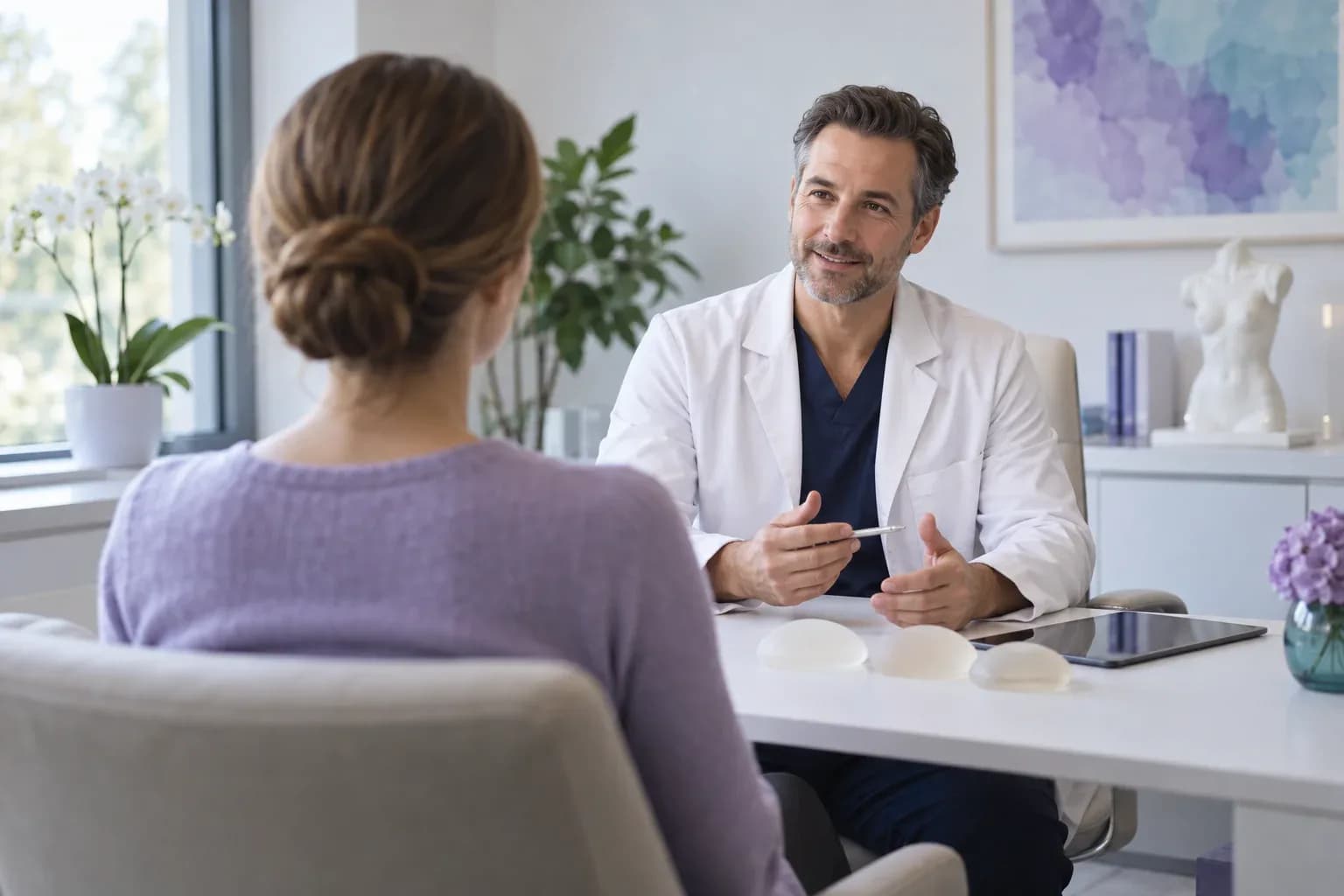Ein plastischer Chirurg berät eine Patientin in einem hellen, modernen Beratungsraum.
