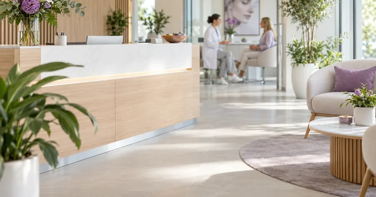 Heller Empfangsbereich einer Ästhetikklinik, im Hintergrund spricht eine Ärztin mit einer Patientin.