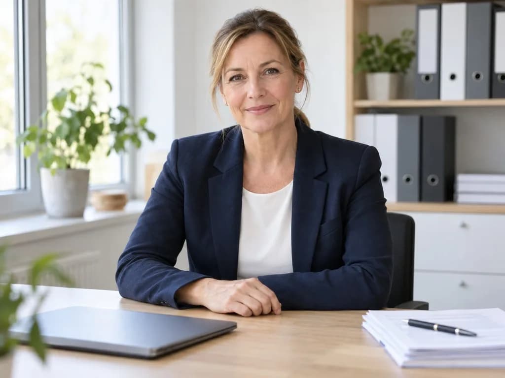 Steuerberaterin im Blazer am Schreibtisch mit Unterlagen in einem hellen Büro
