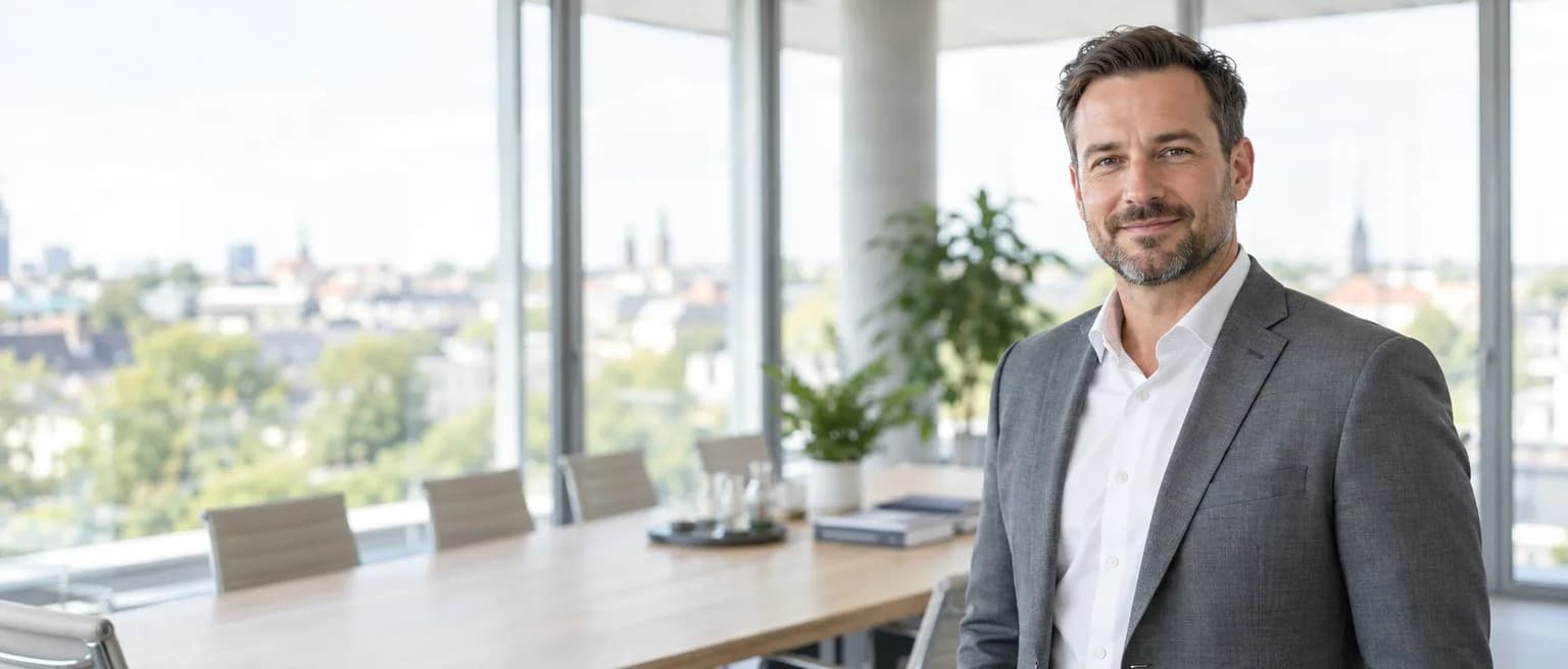 Steuerberater mit kurzem Bart im grauen Sakko in einem gläsernen Besprechungsraum mit Blick über die Stadt
