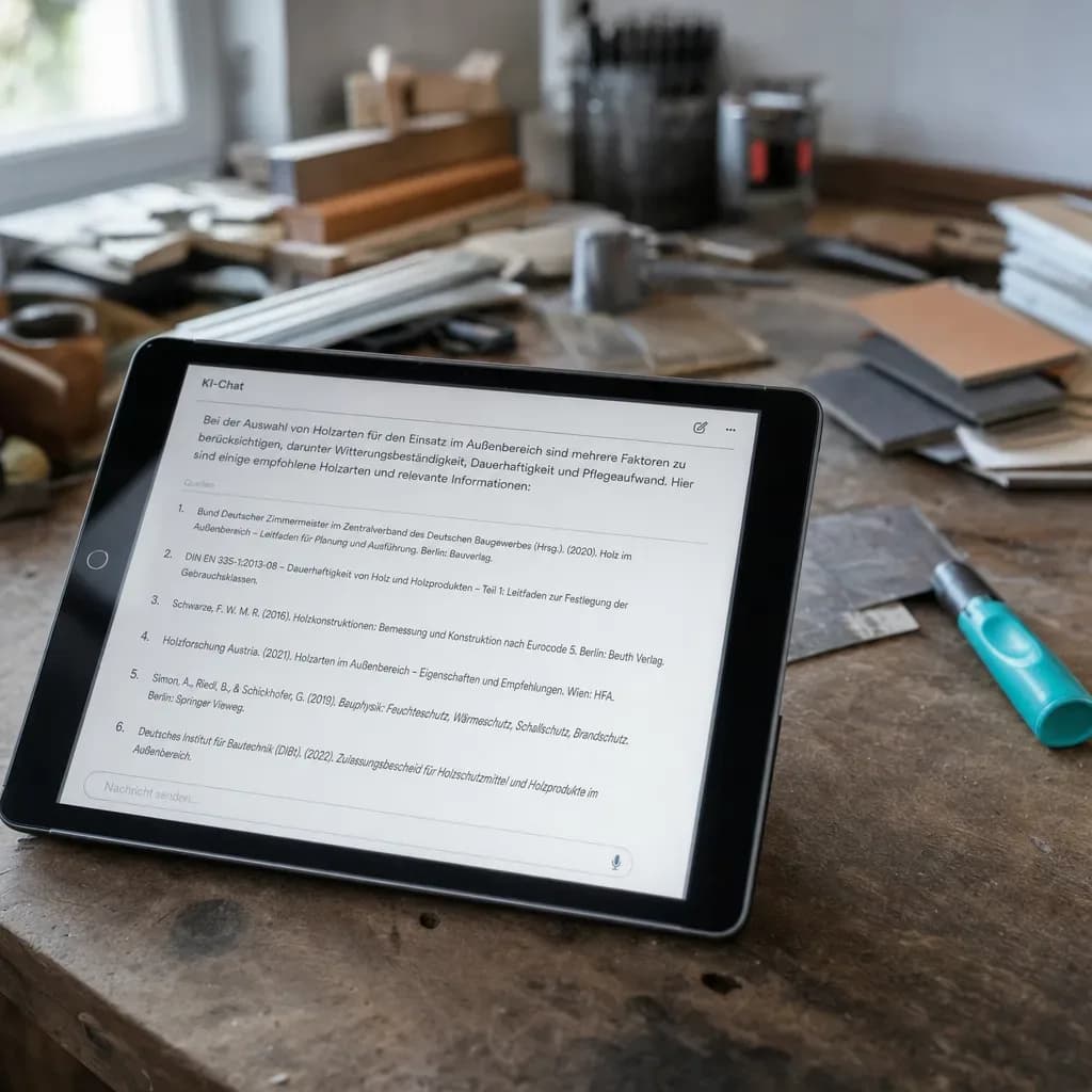 Tablet in einem Handwerksbetrieb zeigt eine ChatGPT-Antwort mit Quellenverweisen