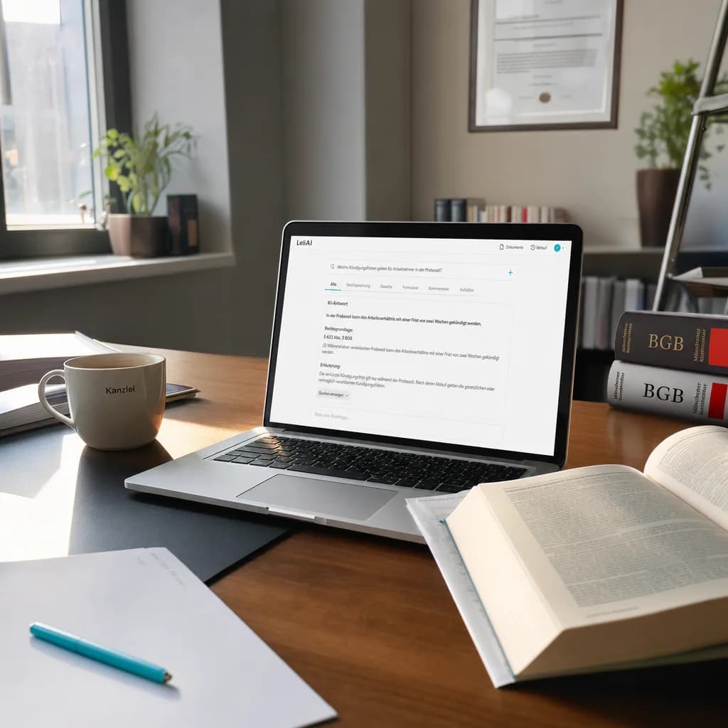 Laptop mit KI-Suchantwort auf einem Kanzleischreibtisch