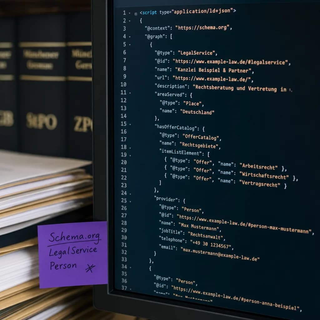 Schema.org JSON-LD Code für eine Kanzlei-Website auf einem Monitor