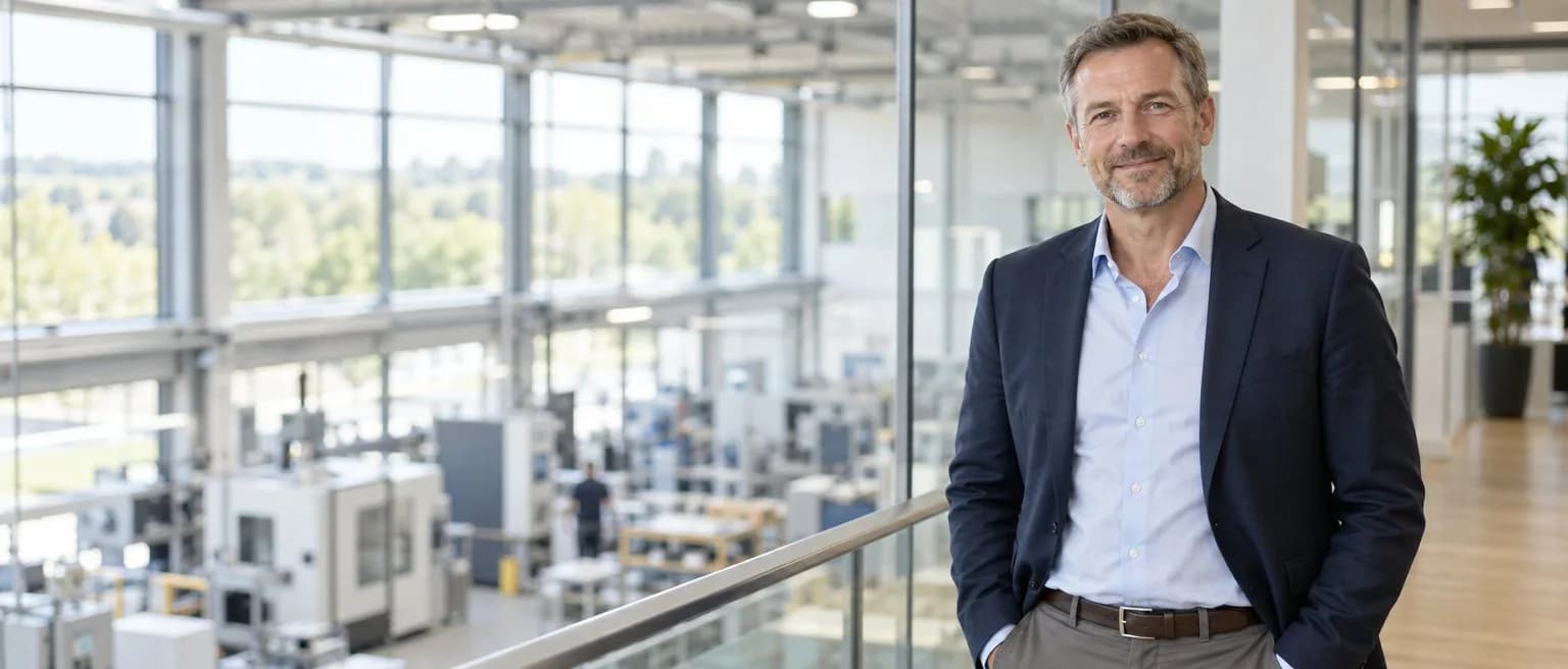 Geschäftsführer eines Maschinenbauunternehmens im Glasbüro über der Fertigungshalle