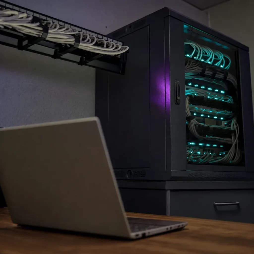 Netzwerkschrank und Laptop im Serverraum eines Mittelständlers während der technischen GEO-Umsetzung