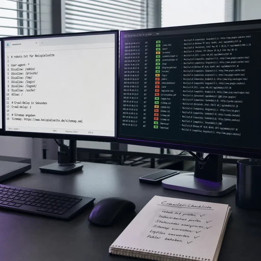Zwei Monitore mit robots.txt und Server-Logs zur technischen Prüfung für SEO für ChatGPT