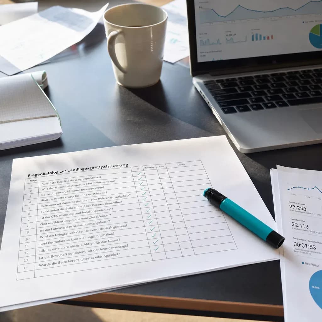 Ausgedruckte Prompt-Liste und Analytics-Auswertung zur Messung der KI-Sichtbarkeit